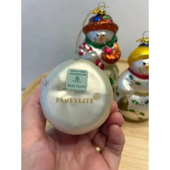 3 Partylite Snowman Glass Christmas Ornaments Mother, Snowbell Boy & girl EUC - Picture 2 of 6